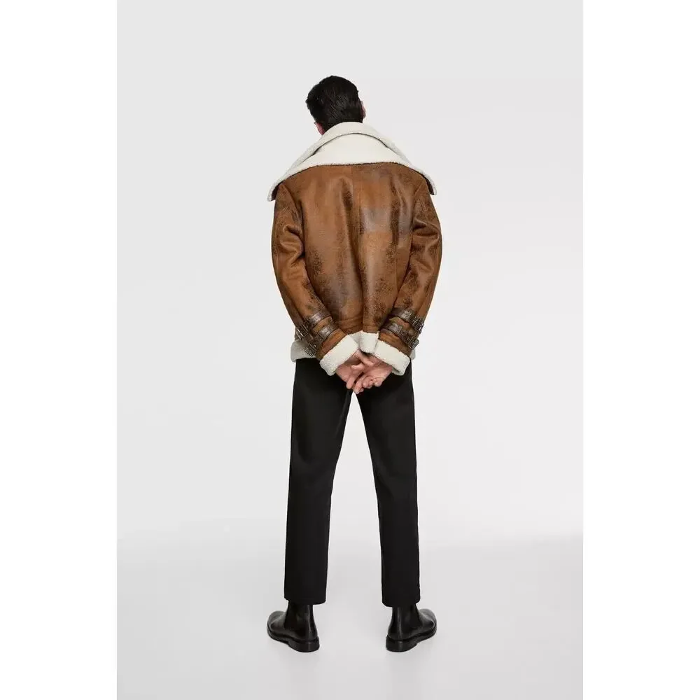 Zara Faux Leather Sherpa Lined Aviator Style Contrast Double Collar Jacket Large - Picture 8 of 13